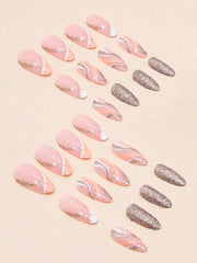 24pcs Short Almond Shaped Gold Stripe Glitter Press On Nails