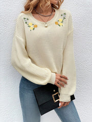 Floral Embroidery Drop Shoulder Sweater