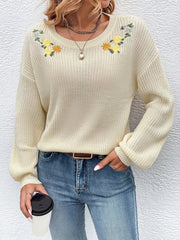Floral Embroidery Drop Shoulder Sweater