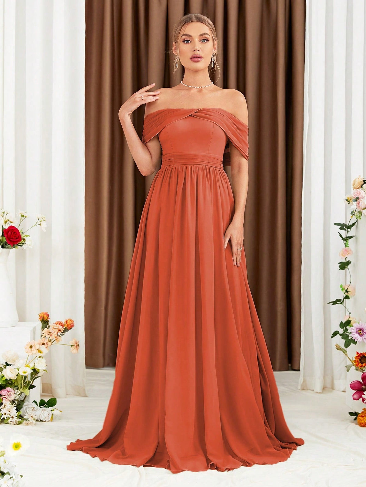 Off Shoulder Ruched Chiffon Bridesmaid Dress