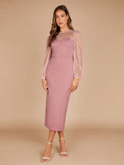 Contrast Mesh Lantern Sleeve Split Back Bridesmaid Dress