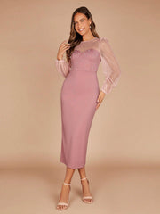 Contrast Mesh Lantern Sleeve Split Back Bridesmaid Dress