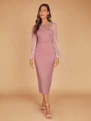 Contrast Mesh Lantern Sleeve Split Back Bridesmaid Dress