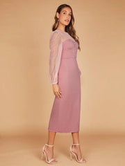 Contrast Mesh Lantern Sleeve Split Back Bridesmaid Dress