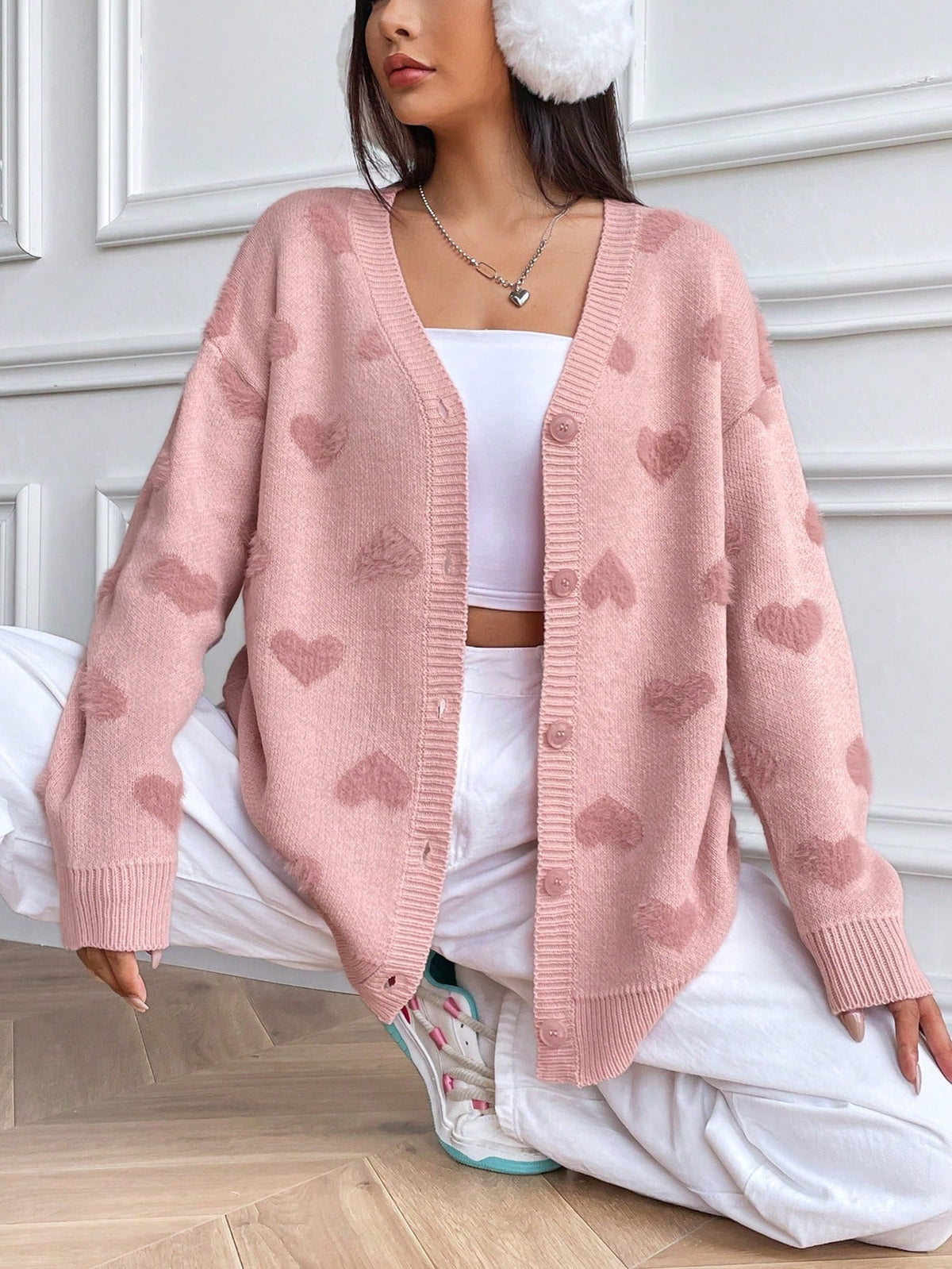 Heart Pattern Drop Shoulder Cardigan