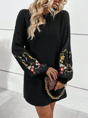 Floral Embroidery Drop Shoulder Sweater Dress