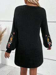 Floral Embroidery Drop Shoulder Sweater Dress