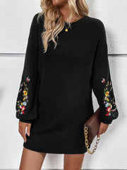 Floral Embroidery Drop Shoulder Sweater Dress