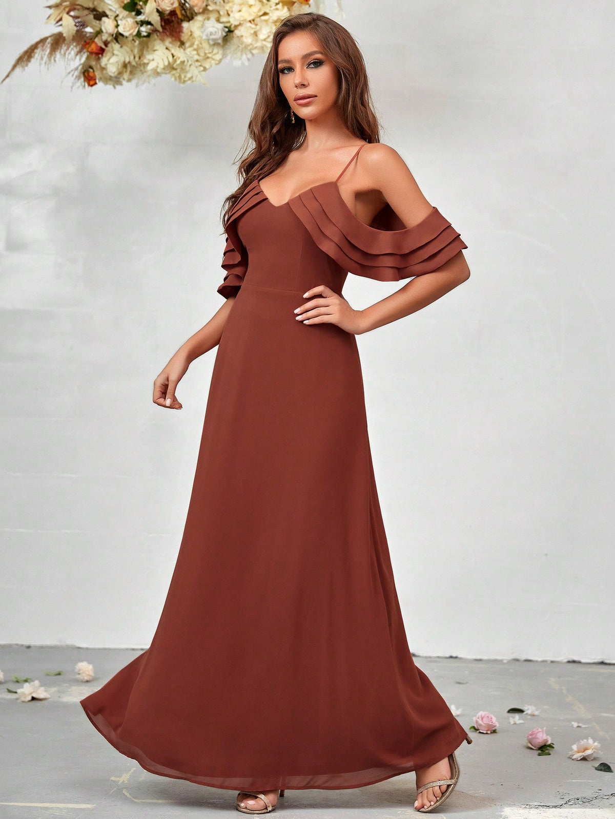 Cold Shoulder Ruffle Trim Chiffon Bridesmaid Dress