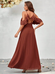 Cold Shoulder Ruffle Trim Chiffon Bridesmaid Dress