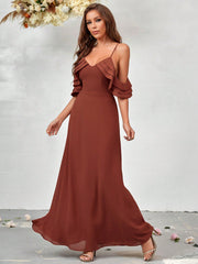 Cold Shoulder Ruffle Trim Chiffon Bridesmaid Dress