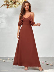 Cold Shoulder Ruffle Trim Chiffon Bridesmaid Dress