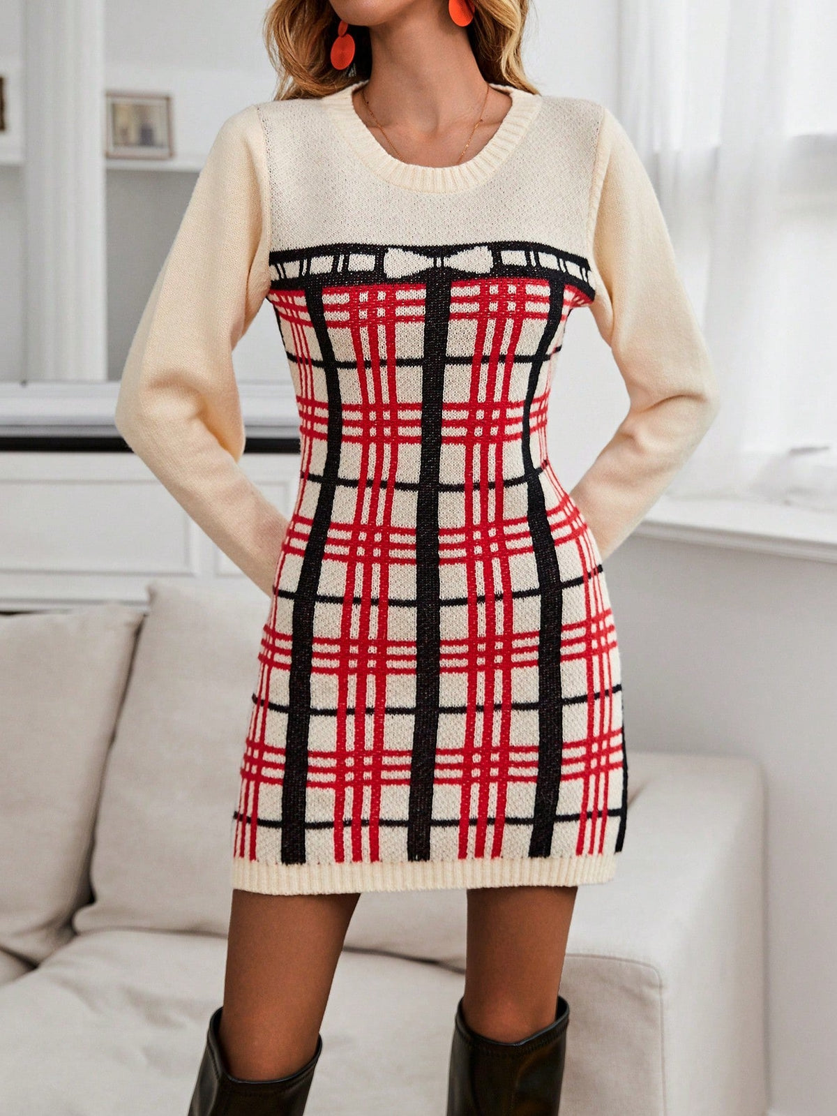 Plaid Pattern Sweater Dress