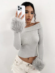 Off Shoulder Fuzzy Cuff Crop Sweater