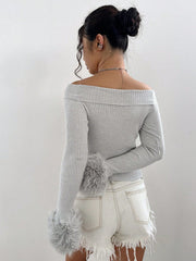 Off Shoulder Fuzzy Cuff Crop Sweater