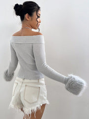 Off Shoulder Fuzzy Cuff Crop Sweater