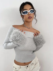 Off Shoulder Fuzzy Cuff Crop Sweater