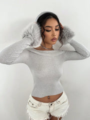 Off Shoulder Fuzzy Cuff Crop Sweater