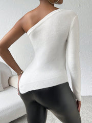 One Shoulder Asymmetrical Hem Cable Knit Sweater