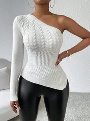 One Shoulder Asymmetrical Hem Cable Knit Sweater