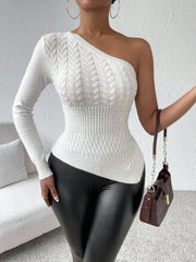 One Shoulder Asymmetrical Hem Cable Knit Sweater