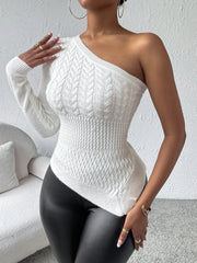 One Shoulder Asymmetrical Hem Cable Knit Sweater