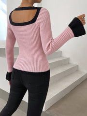 Contrast Binding Knot Front Flounce Sleeve Scoop Neck Sweater