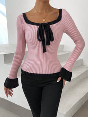 Contrast Binding Knot Front Flounce Sleeve Scoop Neck Sweater