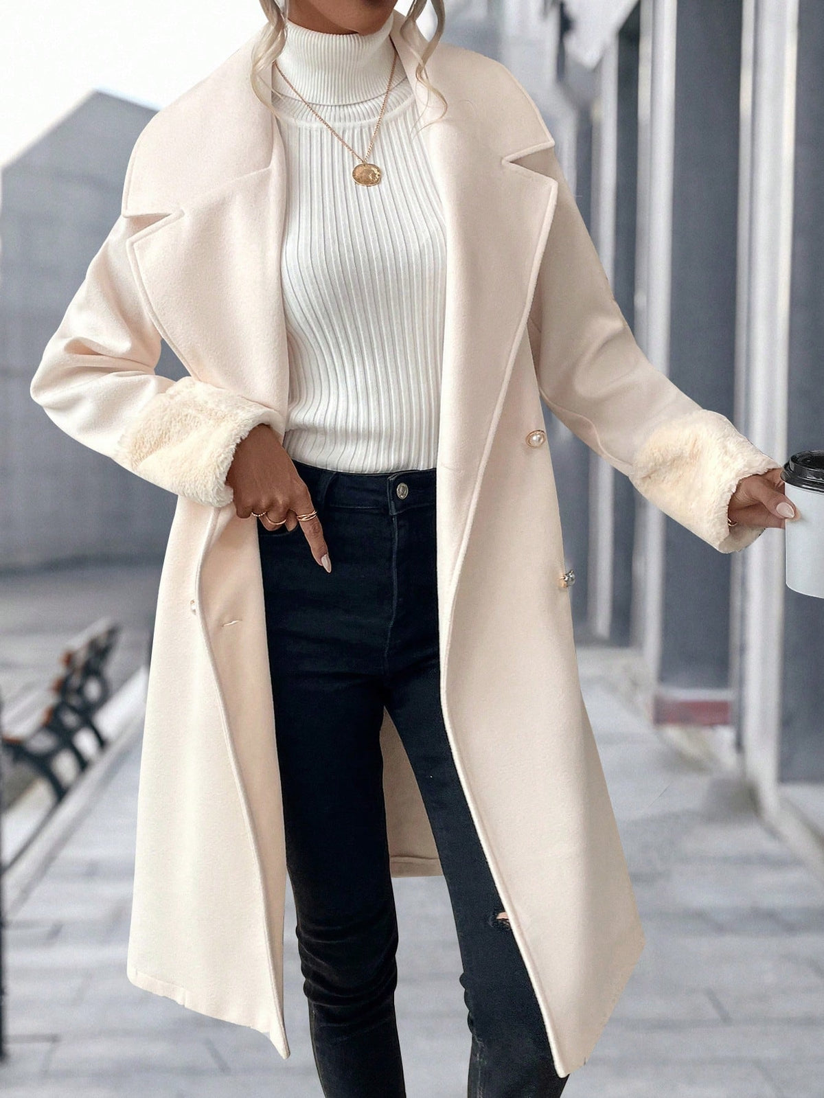 Lapel Neck Fuzzy Cuff Double Button Overcoat