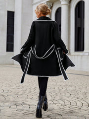 Contrast Binding Lapel Neck Belted Overcoat