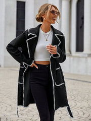 Contrast Binding Lapel Neck Belted Overcoat