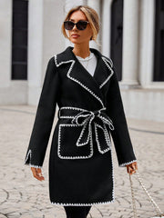 Contrast Binding Lapel Neck Belted Overcoat