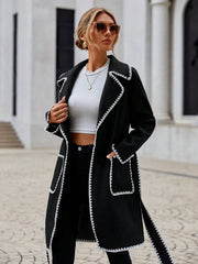 Contrast Binding Lapel Neck Belted Overcoat