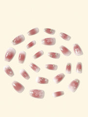 24pcs Medium-Long Ballet Style Gradient Rhinestone Decorated False Nails With Floral Pattern Press On Nails