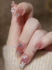 24pcs Medium-Long Ballet Style Gradient Rhinestone Decorated False Nails With Floral Pattern Press On Nails