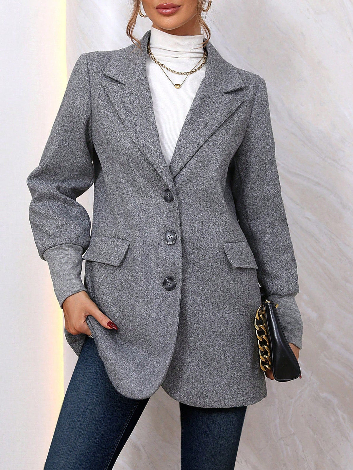 Lapel Neck Flap Detail Button Front Overcoat