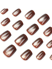 24pcs/Box Square Short Brown Cat Eye Design False Nails Press On Nails Nail Supplies