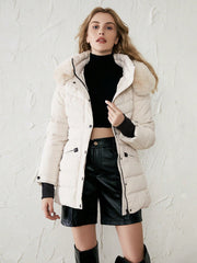 Zip Up Fuzzy Trim Hooded Puffer Coat