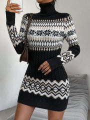 Geo Pattern Turtleneck Sweater Dress