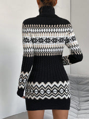 Geo Pattern Turtleneck Sweater Dress