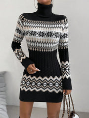 Geo Pattern Turtleneck Sweater Dress