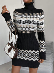 Geo Pattern Turtleneck Sweater Dress