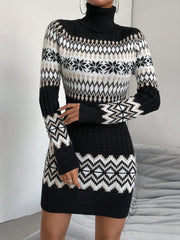 Geo Pattern Turtleneck Sweater Dress