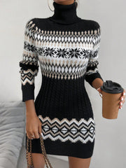 Geo Pattern Turtleneck Sweater Dress