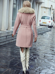 Contrast Fuzzy Collar Belted Overcoat