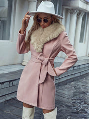 Contrast Fuzzy Collar Belted Overcoat