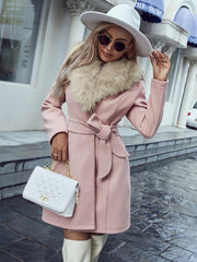 Contrast Fuzzy Collar Belted Overcoat