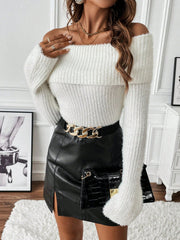Off Shoulder Foldover Flounce Sleeve Sweater