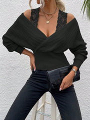 Contrast Lace Cold Shoulder Sweater