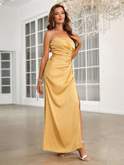 Twist Detail Split Thigh Satin Tube Bridesmaid Dress